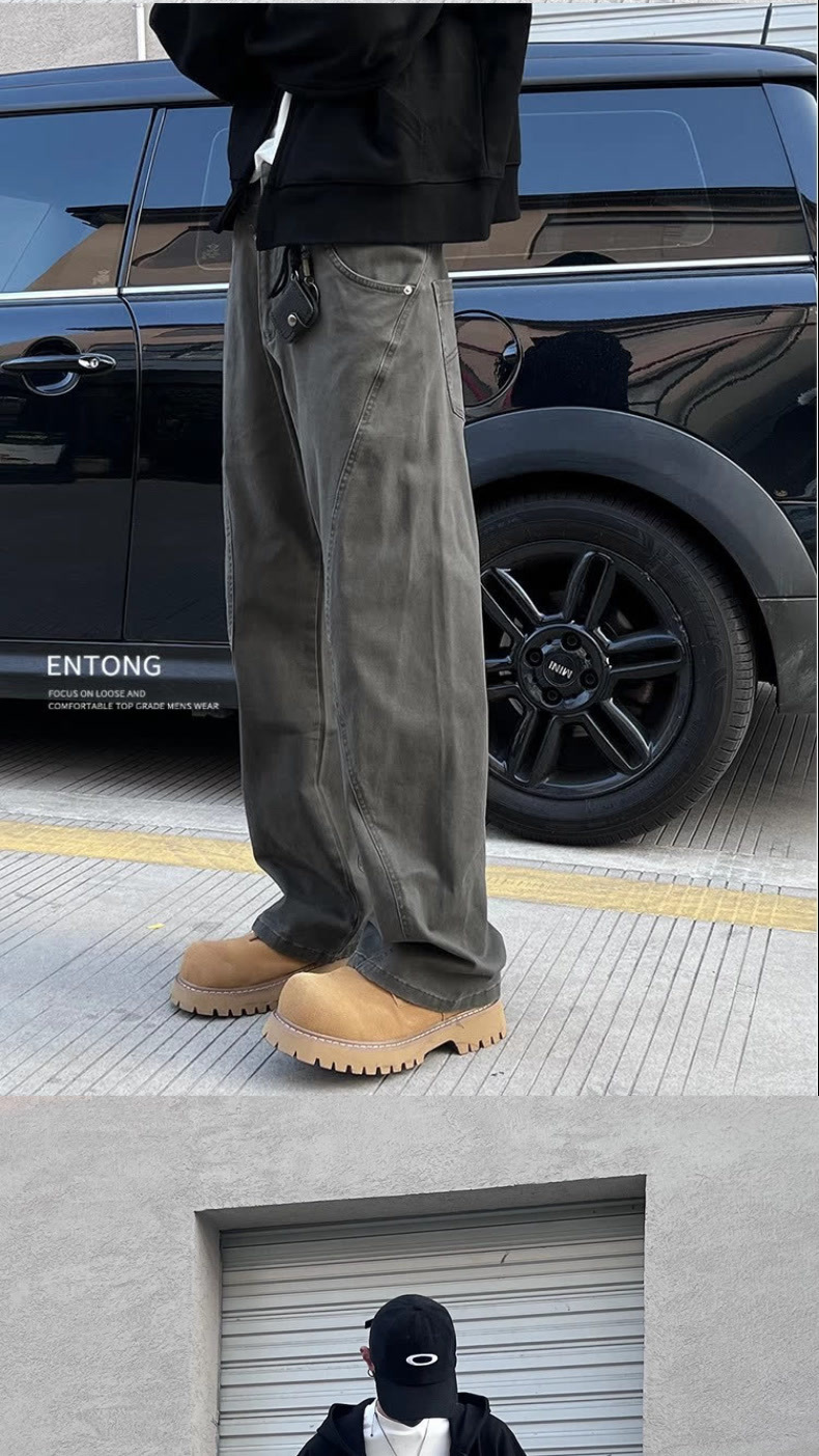 Men's Trendy High Street Distressed Patchwork Cargo Pants American Street Style Loose Straight Leg Casual Trousers_mkmklike.com