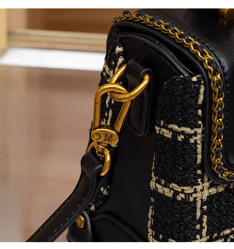 Túi xách tay da thật họa tiết houndstooth cổ điển phong cách Chanel, quai đeo chéo — Màu đen chi tiết 14