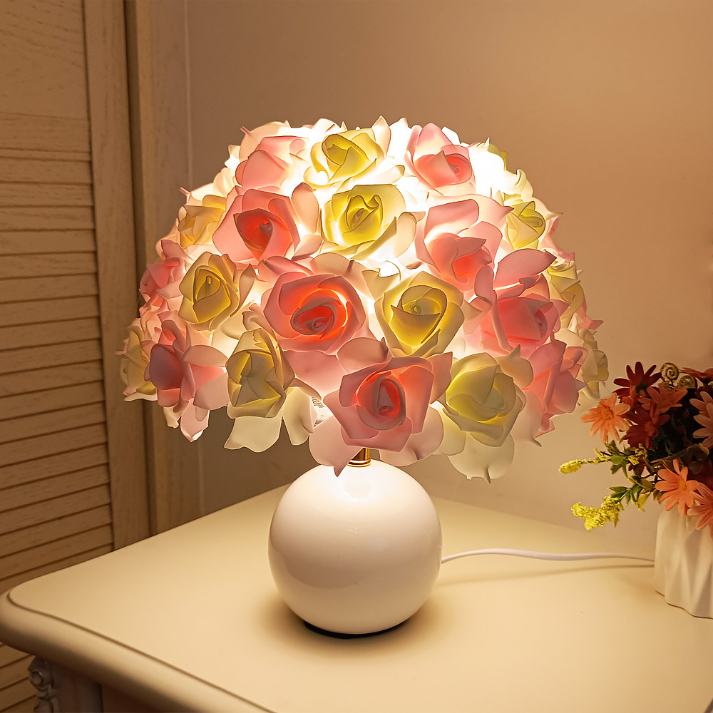 创意圆球陶瓷伞形玫瑰花台灯卧室装饰摆件婚礼送礼物少女床头台灯