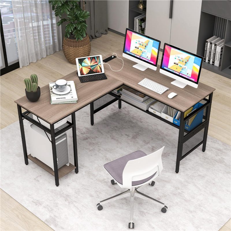Reversible L-Shaped Computer Desk with Power Strip, Large Corner Gaming Desk with Adjustable Shelves, Modern Study Writing Desk