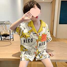新品2026男童睡衣夏季短袖小学生卡通开衫儿童男孩夏天空调服棉无