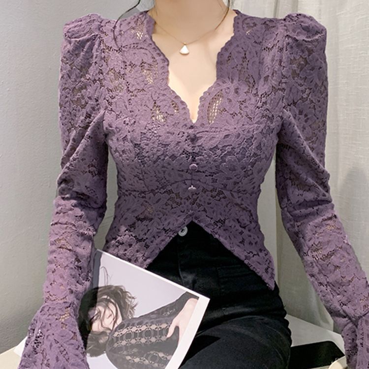 Chic GraceChic GraceChic GraceChic V-neck Flocked Lace Blouse Women Long Autumn Winter European Fashion Puff Sleeve Top Elegant Slim Fit Base Shirt_ecoleips.com