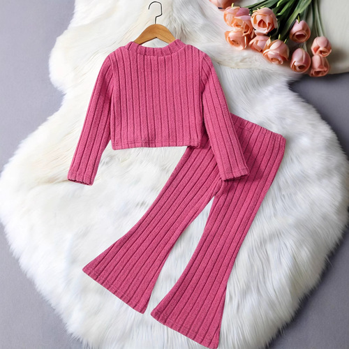 International Trade Cross-Border Children's Autumn Outfit: Long-Sleeve T-Shirt and Fashionable Warm Bell Bottom Pants Set, Suitable for Ages 1-8