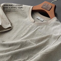日本製 冷感コットン風リネン刺繍入り半袖Tシャツ メンズ 夏 ヘンリーネック アイスシルク 通気性 カジュアル 半袖Tシャツ 薄手