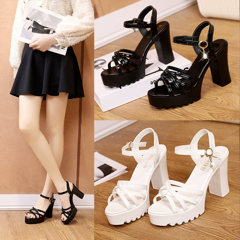 Новые сандалии на высоком каблуке с толстым каблуком водонепроницаемый стол с диким тонким пояском комбинированный летний мягкий кожаный комфорт