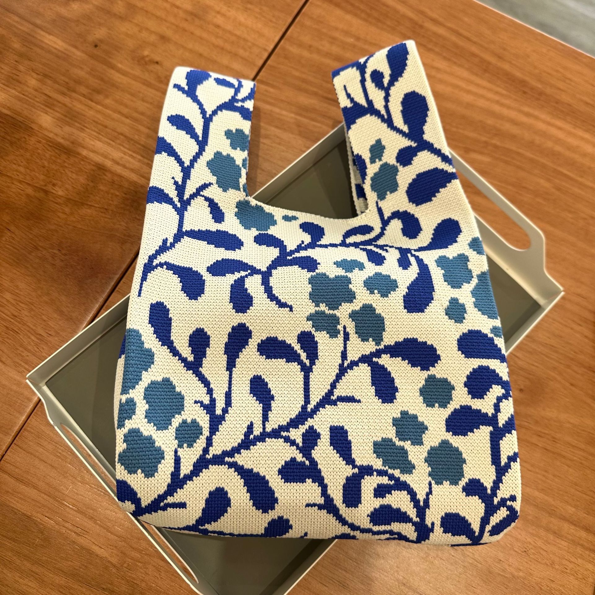 針織簡約樹枝印花手提包女韓版日式撞色女日系百搭手拎包針織包包