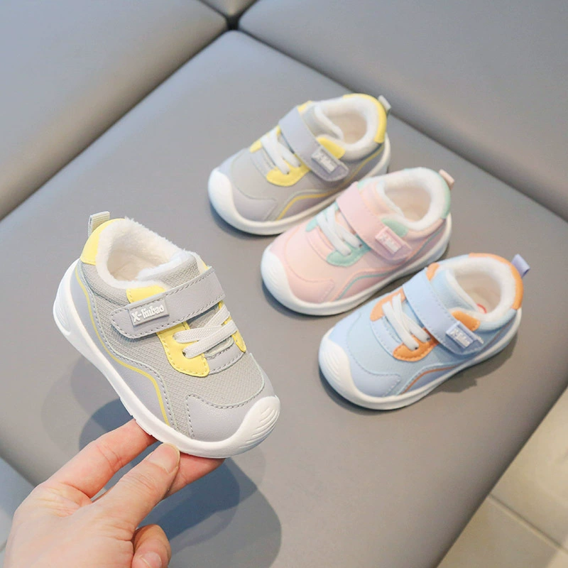 Xiaoxiao зимняя теплая обувь для малышей 1-2 на флисовой подкладке, нескользящая Мягкая подошва, два хлопковых кроссовки для мальчиков и девочек