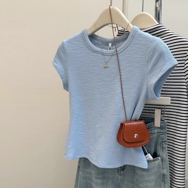 Clearance Sale Texture Pleated Short Sleeve T-Shirt for Women Slim Fit Base Layer Short Top Clearance Sale Texture Pleated Short Sleeve T-Shirt for Women Slim Fit Base Layer Short Top