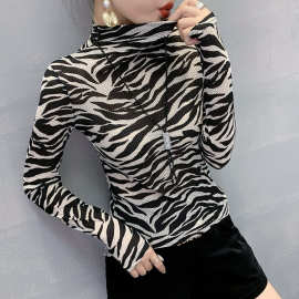 2025秋季新款欧货ban马纹提花紧身显瘦洋气T恤高领小衫上衣潮女