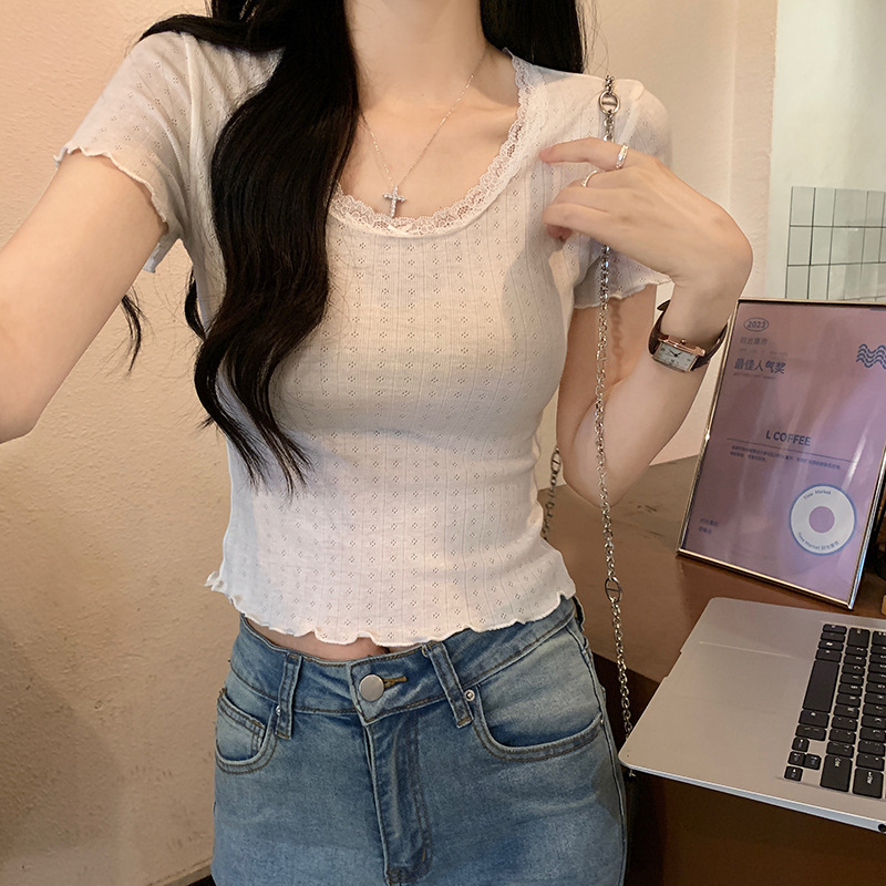 Short-sleeved T-shirt Women's Ruffled 2024 Slim-fit Lace Short Round Neck Top Low Neck Sexy Fashionable Women's Clothing for Summer