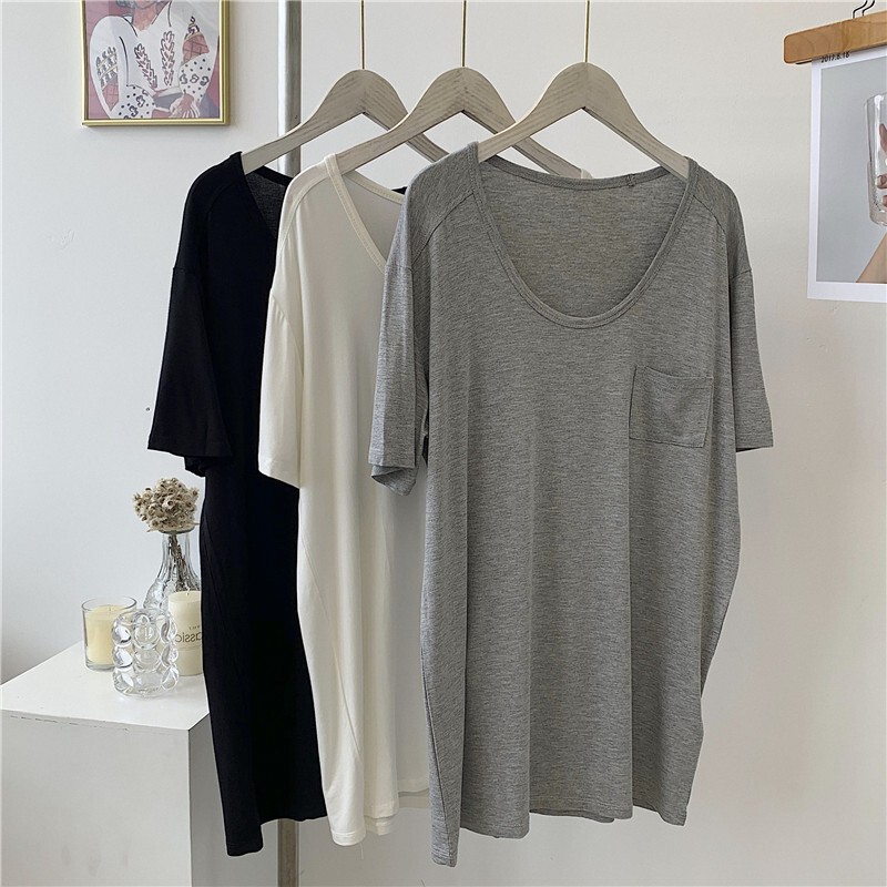 Modal Pocket Large Round Neck T-shirt Women's Lazy Style Thin Dape Solid Color Slimming All-match Mid-length Top for Women