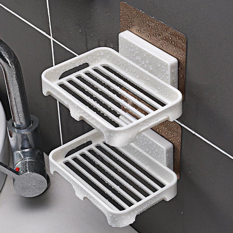 Jabonera Colgante de Pared de Plástico PP sin Perforación con Drenaje para Baño