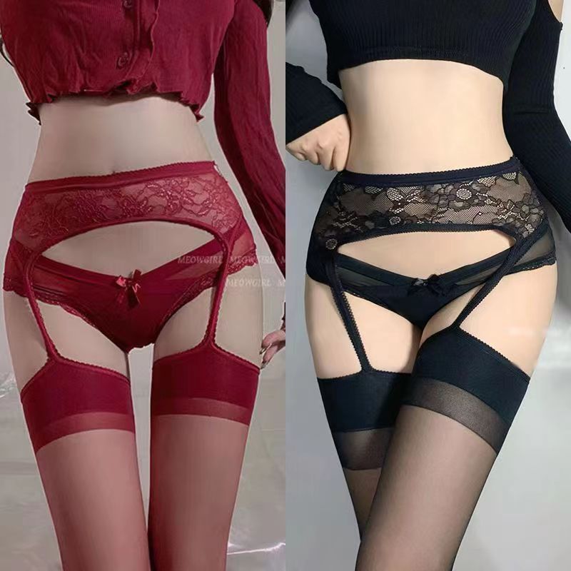 Sexy Lace Red Suspender All-In-One Pantyhose for Women, Hot Black Silk Sexy Legs, Black Stockings See-Through