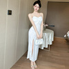 Sexy suspender low cut waist high slit wrap buttocks dress long skirt