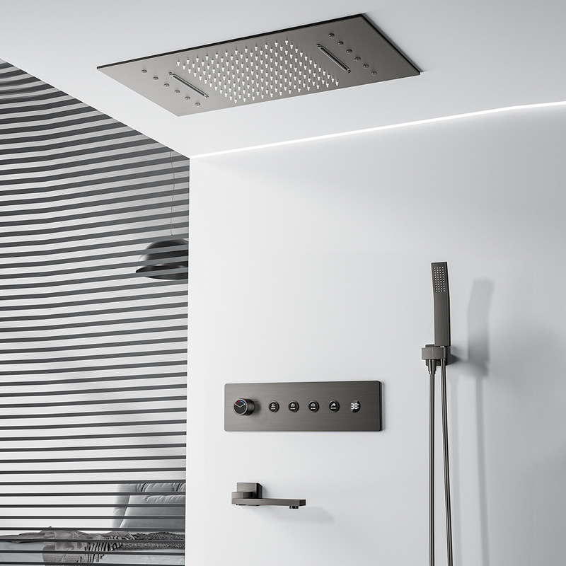 Concealed wall-mounted digital display shower head with ceiling button controls, waterfall-style canopy shower set for hotel and home use