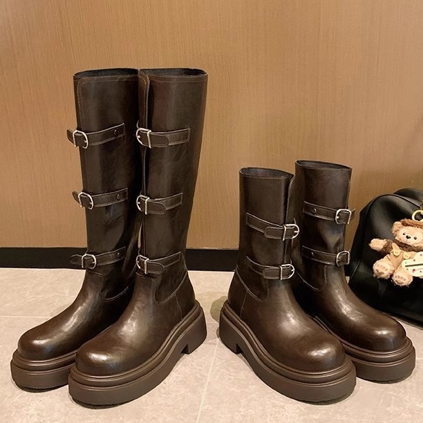 [Dos versiones] nuevo estilo de moda de cinturón de invierno y otoño de la uva, botas cortas de caballo con cabeza redonda y fondo grueso