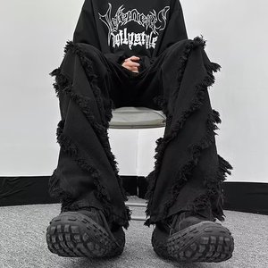 国潮hiphop破坏毛边显瘦微喇叭牛仔裤男士美式潮复古宽松哈伦裤子