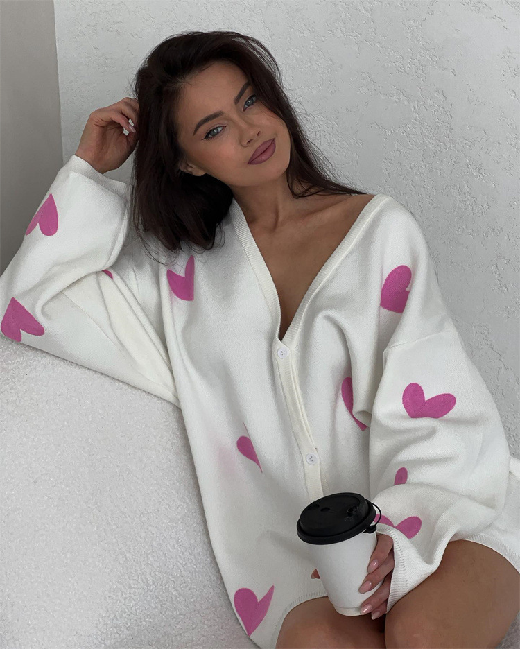 570g Weight Long Sleeve Sleeve Length Single Breasted Placket Type Regular Sleeve Sleeve Type Viscose fiber Fabric Type Regular Top Length Sweater Tops Type Holiday, Street Occasion V Neck Neckline Loose Fit Type Heart Shape Pattern Winter, Autumn Season Women's Gender Elegant, Streetwear Style Women's Sweater Long Sleeve Sweaters & Cardigans Elegant Streetwear Heart Shape 2