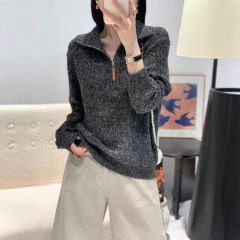 濮院工厂秋冬新款半高领拉链毛衣花纱灰色休闲卫衣宽松打底衫女装