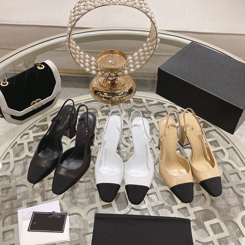 Early spring beautiful new leather shoes in Chanel style, color-blocked high heels with chunky heels, closed-toe, side cut-out French sandals