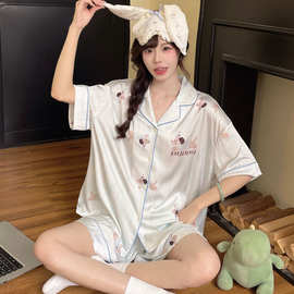 实拍夏季新款冰雪丝卡通宽松睡衣女韩系休闲甜美可爱家居服套装
