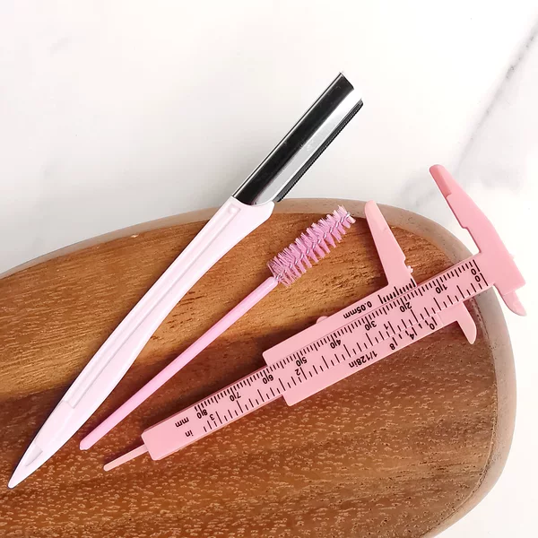 Eyebrow Razor Set 3-Piece Set, Eyebrow Oil Measuring Caliper, Eyebrow Brush, Steel-Head Eyebrow Razor, Hair Removal Razor