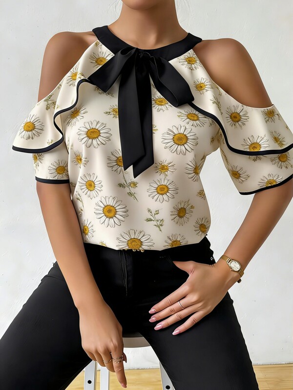 Women's T-Shirt Short-Sleeved New Style Summer European and American Style Slim Fit Printed Off-Shoulder Ruffled Halter Neck Short-Sleeved Top Women's T-Shirt Short-Sleeved New Style Summer European and American Style Slim Fit Printed Off-Shoulder Ruffled Halter Neck Short-Sleeved Top