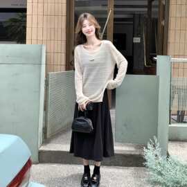 松弛感韩系穿搭套装百搭垂感吊带长裙薄款针织防晒罩衫两件套
