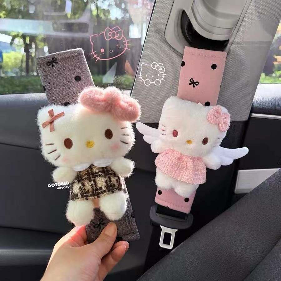 Sanrio Plaid Skirt Hello Kitty Seatbelt Shoulder Protector Cute Cartoon Plush Car Protective Cover Car Gift