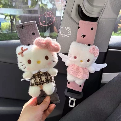 Sanrio Plaid Skirt Hello Kitty Seatbelt Shoulder Protector Cute Cartoon Plush Car Protective Cover Car Gift