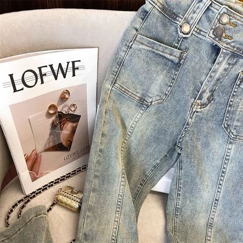 Lady's High-Waist Flared Denim Jeans with Spring Hong Kong Style Design, Slimming and Floor-Length Bell Bottom Pants for Trendy Women