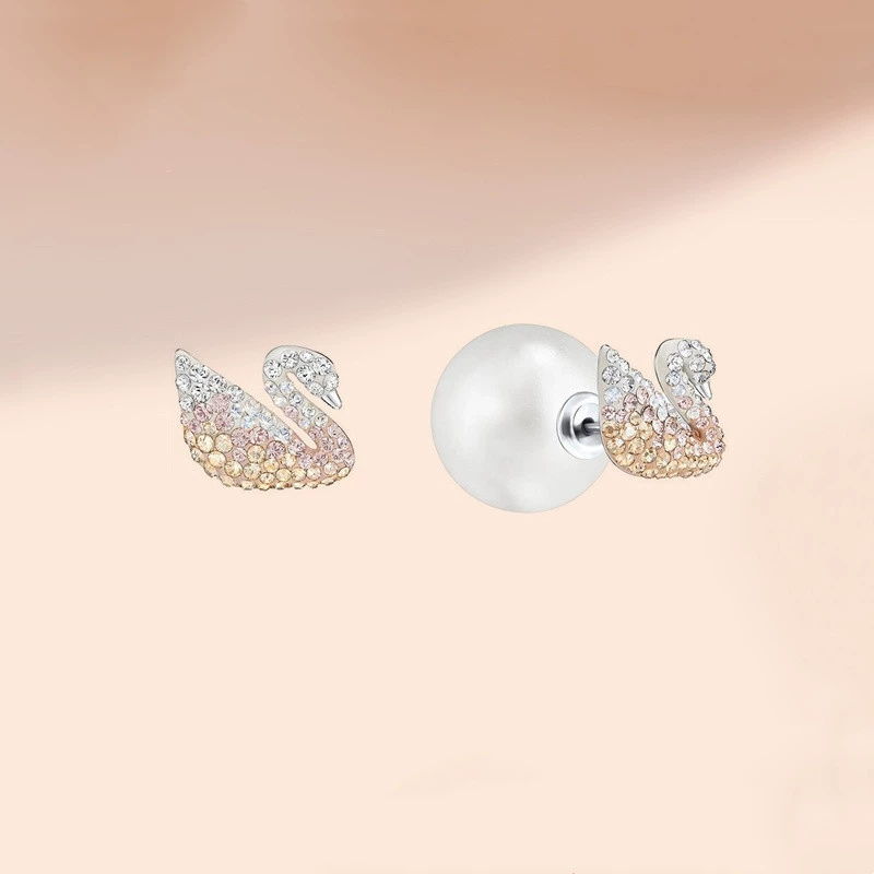 Swarovski, лебедь из жемчуга, серьги, градиент, инкрустировано бриллиантами