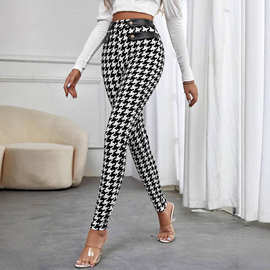 优雅时尚千鸟格印花假纽扣紧身裤春秋女装长裤适合所有季节女裤夏