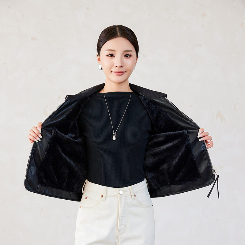 Áo khoác da nữ cổ bẻ dáng ôm phối lông bên trong kiểu mới — màu cà phê, đen, Màu cà phê Fleece dày, Màu đen Fleece dày chi tiết 2