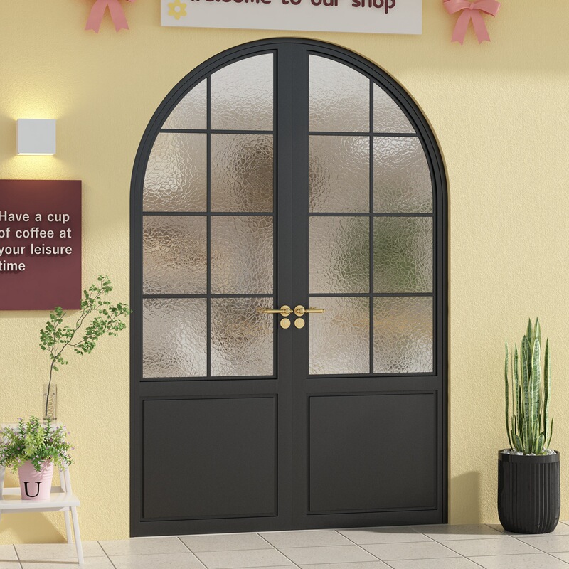 French-Style Wrought Iron Arch Retro Narrow Arc Glass Double-Opening Partition Large Store Shop Painted Double Doors