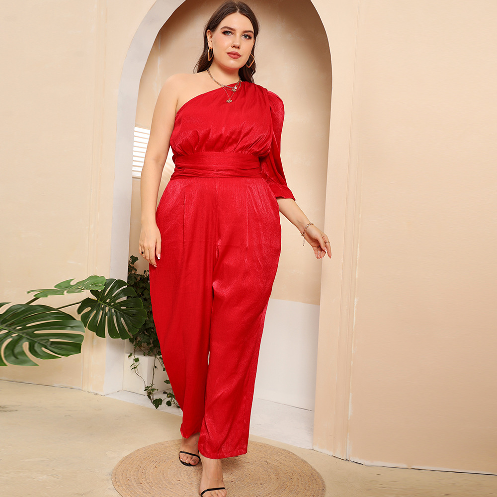 plus size solid color single-sleeve slim-fit jumpsuit NSWCJ117760