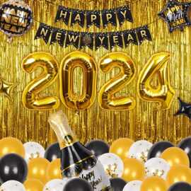 金色雨丝帘黑色2024黑金主题新年快乐拉旗跨年派对装饰跨境热卖