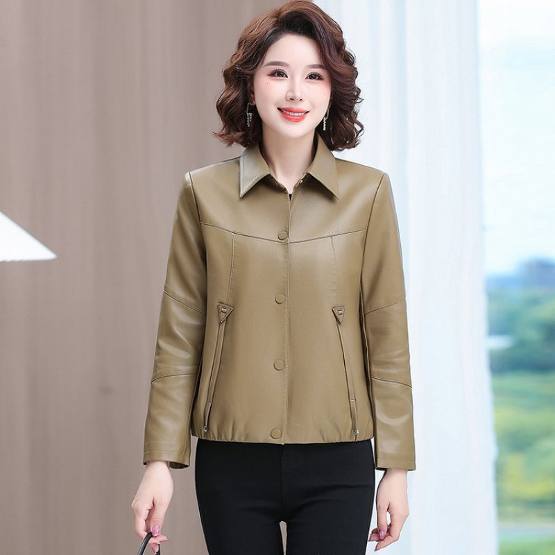 Elegant Mom Spring and Autumn Jacket for Middle-Aged Women, Stylish Pu Leather Coat for Middle-Aged and Elderly, Fashionable Short Jacket for Autumn and Winter