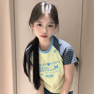 波点撞色正肩短袖T恤女夏季美式复古辣妹修身显瘦短款上衣小个子