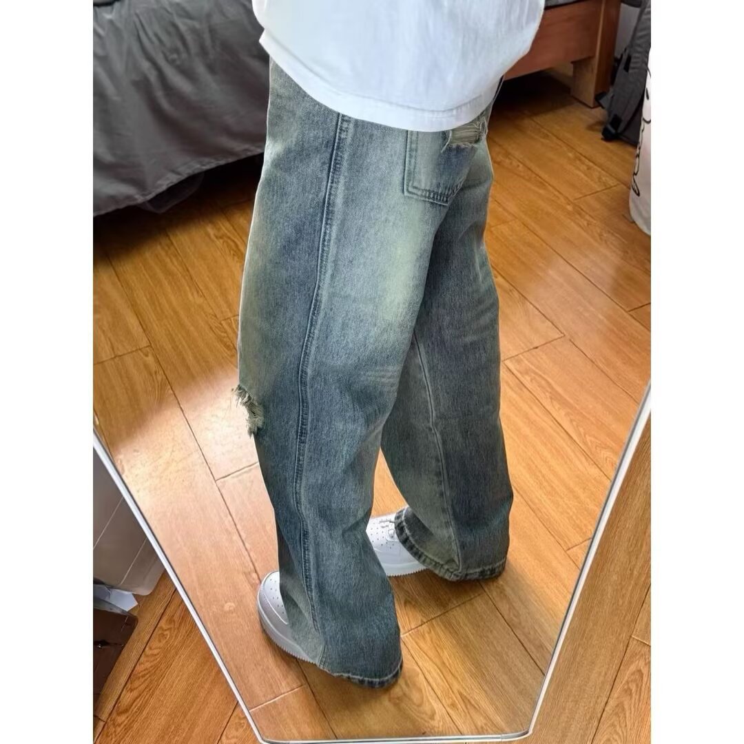 Jeans juveniles agujeros para hombres 2026 nuevos pantalones retro callejero delgado pantalones casuales recto para hombres