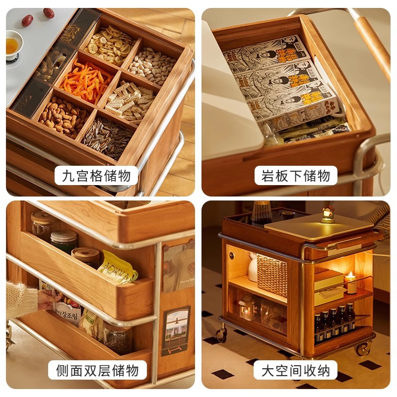 Mueble de té móvil de estilo antiguo, mesa de té, sofá, gabinete lateral, carrito, color de madera de cerezo, balcón de apartamento pequeño, mesa de té pequeña