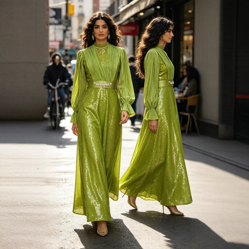 Cross-Border New Model Factory Direct Sale Amazon Turkey Pakistan Women's Fashion Sequin Embroidered Long Dress