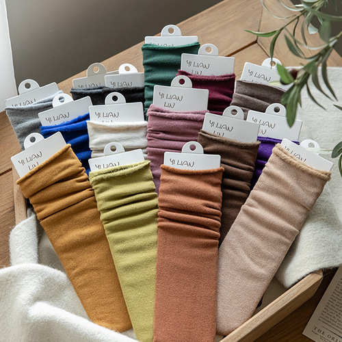 Winter Warm Snow Pile Thicker Warm Fleece Women's Cotton Socks Japanese Medium Cuff Solid Color Cashmere-like Socks