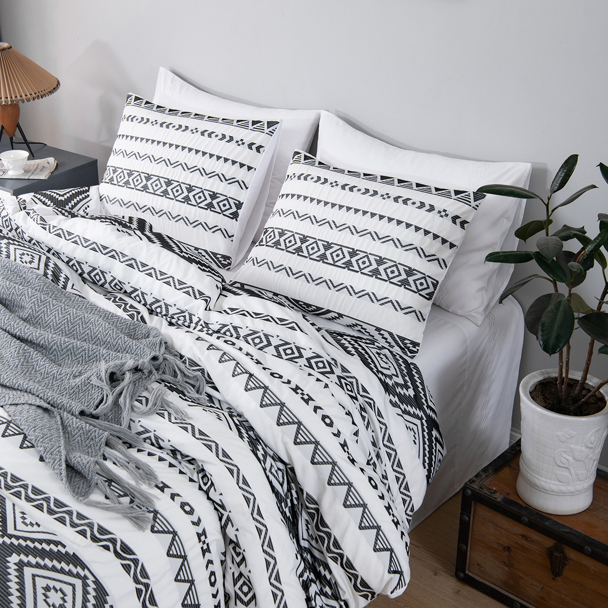 外贸家纺跨境专供美国亚马逊化纤床上用品提花简约被套套件三件套