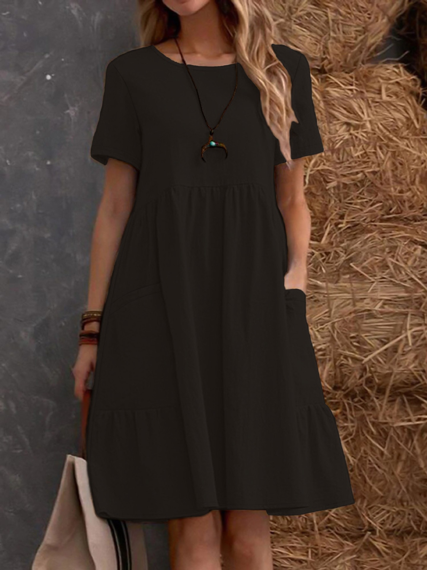 Women's Casual Short Sleeve A-Line Dress With Pockets, Solid Color Round Neck T-Shirt Dress For Everyday Wear_ecoleips.com
