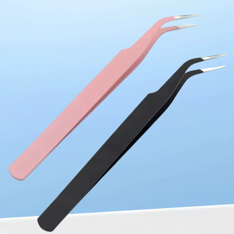 Elbow Eyelash Tweezers, stainless steel angled tip, precision for extensions, pink or black