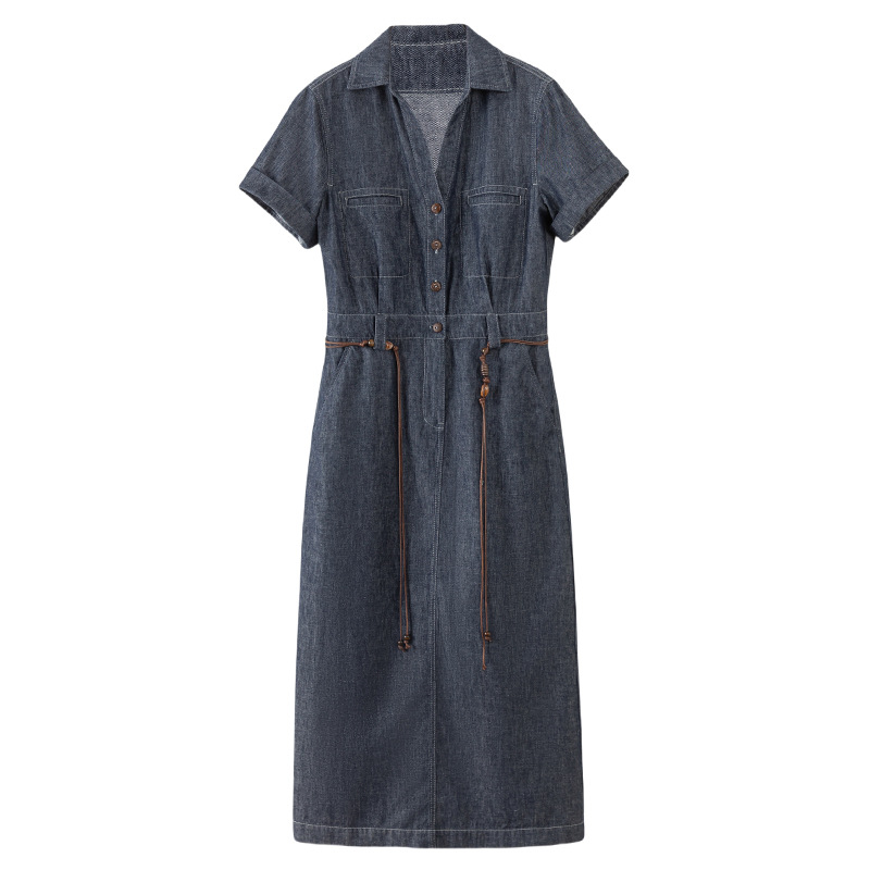 Đầm maxi nữ thắt eo tay ngắn chất liệu cotton pha linen phong cách Pháp — Xanh da trờicolor