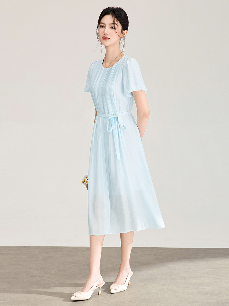 Đầm maxi nữ cổ tròn thắt lưng ren dáng dài — xanh lam