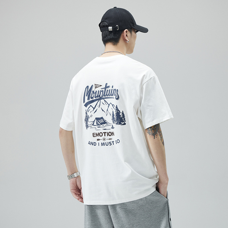 Three-Stitch 260g Heavyweight Short-Sleeve T-Shirt for Men, Summer Trendy Brand American-Style Loose Round-Neck Printed Half-Sleeve Shirt
