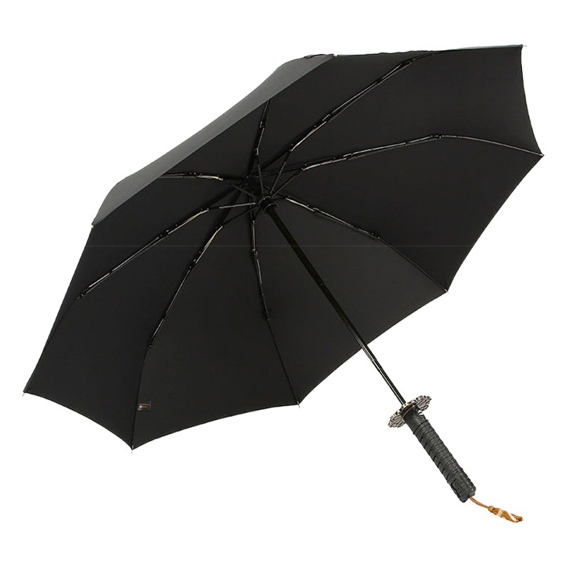 En stock venta al por mayor completo-automático plegable resistente al viento reforzado engrosado creativo Samurai cuchillo mango paraguas Samurai japonés